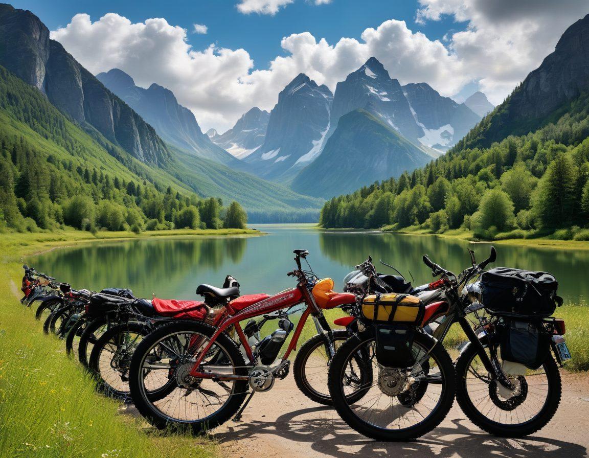 A dynamic scene showcasing a diverse group of bike enthusiasts of different ages and backgrounds, preparing their bikes for an adventure in nature. They are surrounded by mountainous terrain and lush greenery, with various types of bikes (mountain, road, electric) prominently displayed. In the foreground, essential biking gear like helmets, gloves, and backpacks are artistically arranged. The sky is bright and cheerful, suggesting a perfect day for biking. super-realistic. vibrant colors. natural setting.