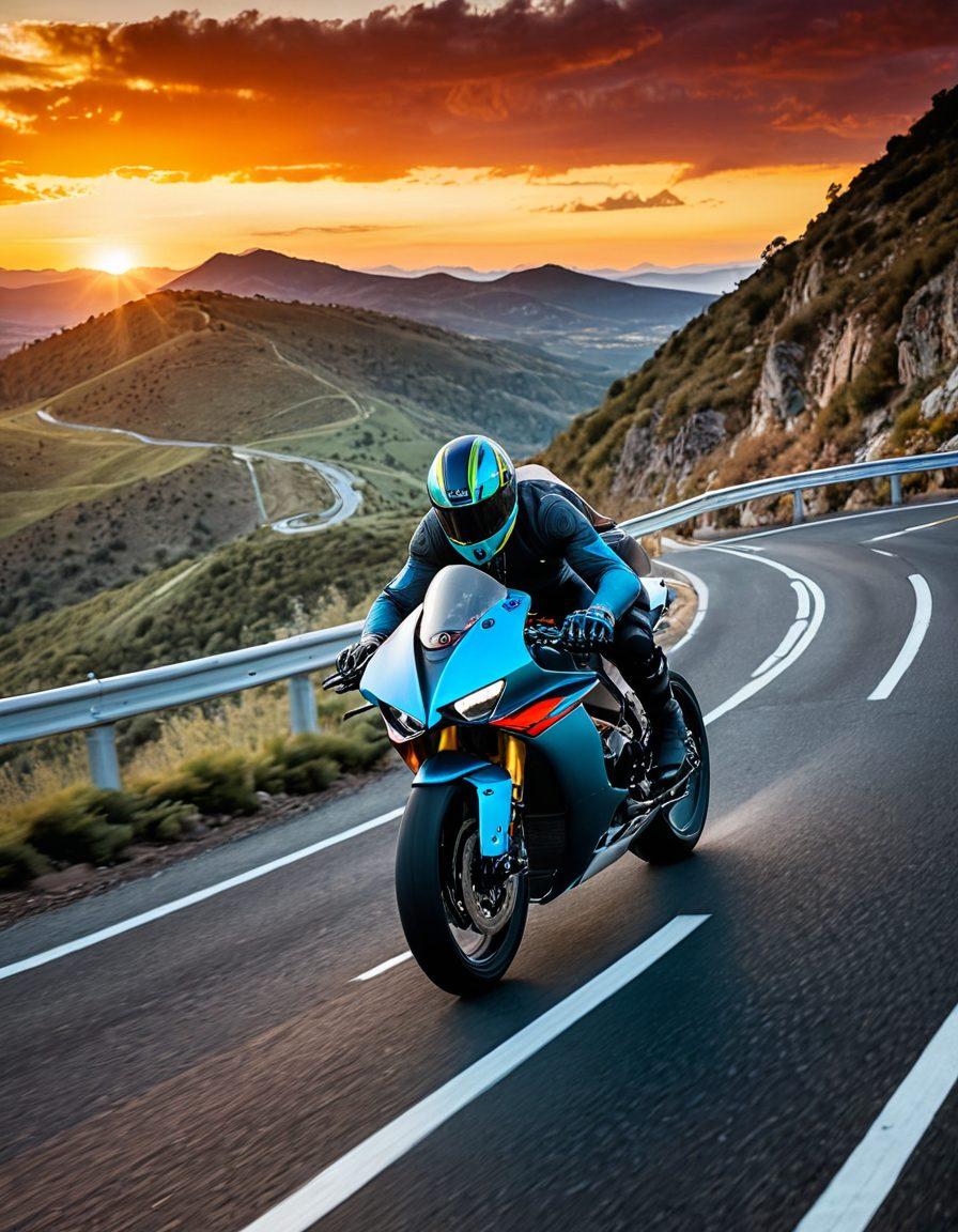 A sleek, futuristic hyperbike racing down a winding mountain road, with vibrant colors reflecting the adrenaline of high-performance cycling. In the background, a dramatic sunset casts a warm glow over the landscape, while a cyclist in a stylish helmet leans into the turn, showcasing the speed and thrill of the ride. The scene captures the essence of freedom and adventure in cycling. super-realistic. vibrant colors. dynamic composition.