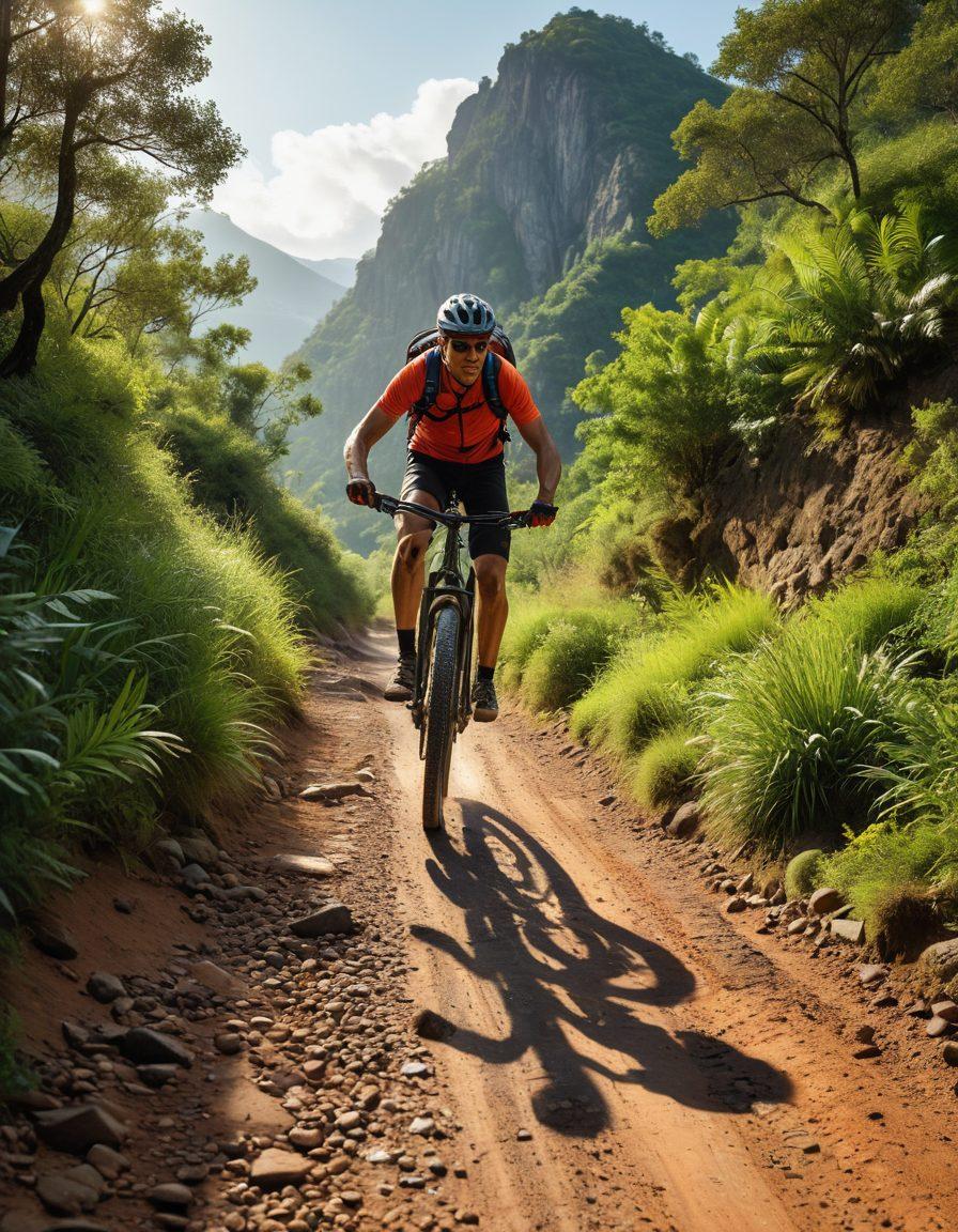 A cyclist transitioning from a smooth road to a rugged trail, showcasing dynamic riding techniques. The scene includes a high-end mountain bike with bright accessories, surrounded by lush greenery and rocky terrain. Include action-packed elements like dirt flying from the tires and a determined expression on the rider's face, highlighting the thrill of adventure. super-realistic. vibrant colors.